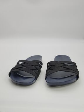Rothy's The Slide Sandal Night Sky Black & Navy Blue Woven Straps Women's Sz 8.5